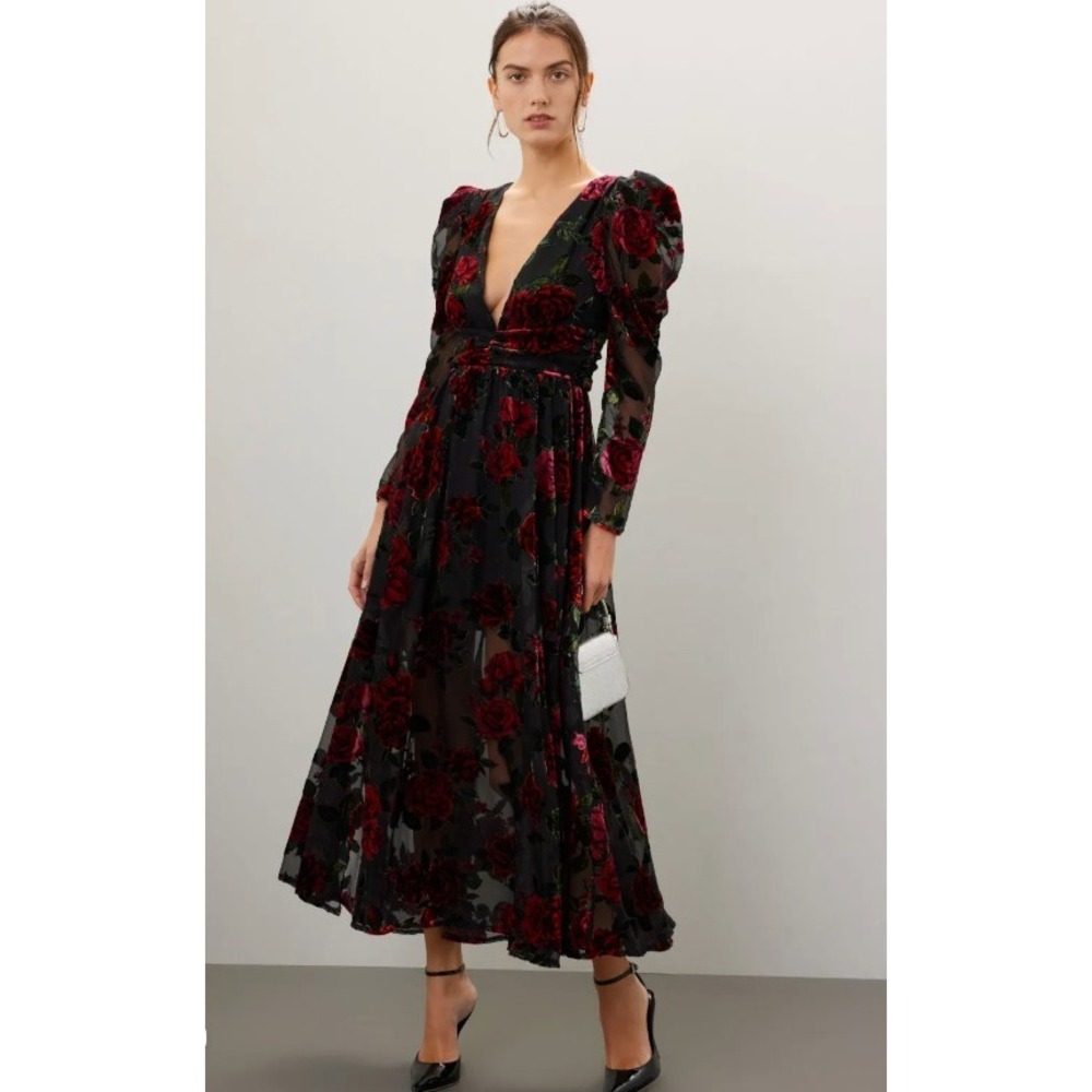 Rachel Parcell Burnout Velvet Maxi Dress V-Neck Gown Black Red Size 8 *READ FLAW